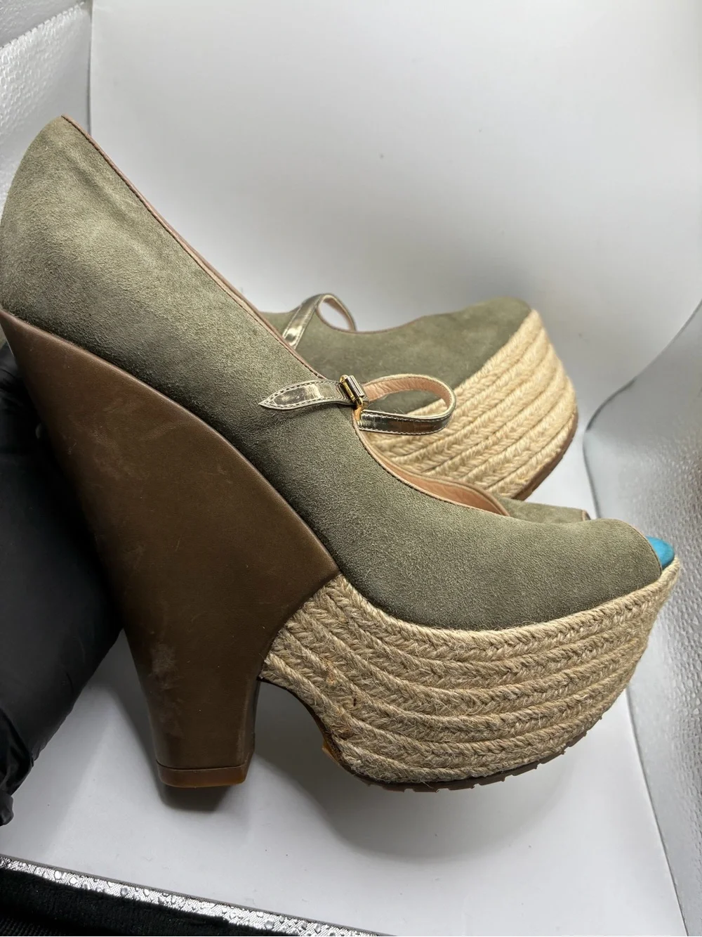 Baldan Italy Peep Toe Platform Mary Jane Heels Olive Suede EU 38 Women’s 8